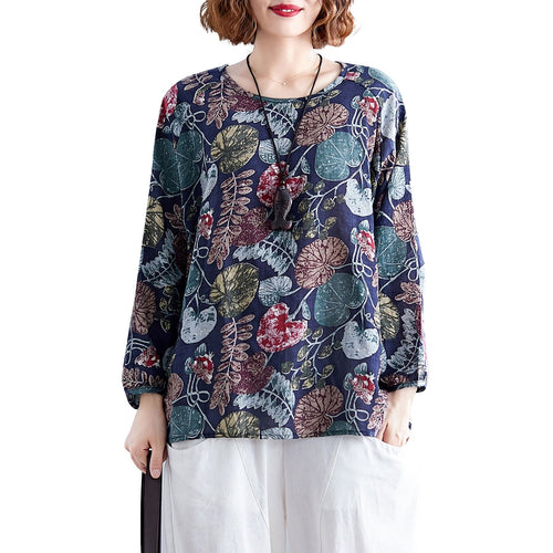 Women Vintage Loose  Blouse Tops Leaves Print O Neck Raglan Long Sleeve Plus Size Large Shirt Casual Mujer Tops