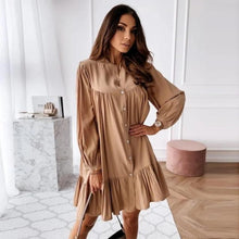 Load image into Gallery viewer, Women Vintage Ruffled Front Button A-line Dress Long Sleeve Stand Collar Solid Elegant Casual Mini Dress 2020 Autumn New Dress