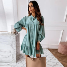 Load image into Gallery viewer, Women Vintage Ruffled Front Button A-line Dress Long Sleeve Stand Collar Solid Elegant Casual Mini Dress 2020 Autumn New Dress