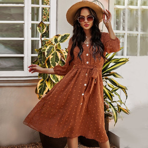 Women Vintage Solid Color A-Line Dress Casual V Neck Three Quarter Sleeve Single Breasted Sashes Dress Spring New Fashion Dress