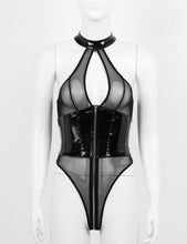Load image into Gallery viewer, Women Wet Look Body Teddies Leather Latex Mesh Splice Sexy Lingerie Breast Hollow Out High Cut Zipper Open File Leotard Bodysuit