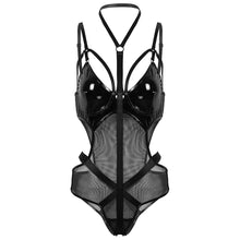 Load image into Gallery viewer, Women Wetlook Leather Mesh Leotard Bodysuit Latex Catsuit V-neck Adjustable Straps Open Crotch Body Suit Pole Dance Jumpsuit