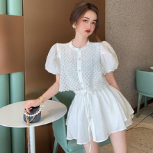 Load image into Gallery viewer, Women White Long Shirts Shorts Two Piece Sets Lace Splicing Short Sleeve Drawstring Blouse+Mini Pant Suits 2021 Summer Fashion