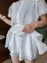 Load image into Gallery viewer, Women White Long Shirts Shorts Two Piece Sets Lace Splicing Short Sleeve Drawstring Blouse+Mini Pant Suits 2021 Summer Fashion