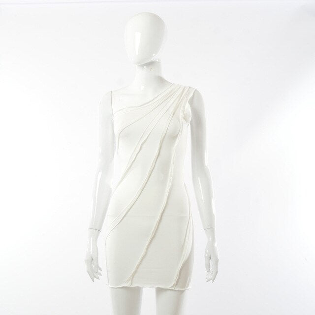 Women White One Shoulder Sexy Tight Slip Mini Dress Summer Ruched Elegant Bodycon Prom Evening Party Club Wrap Dress 2021 New
