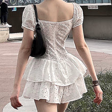 Load image into Gallery viewer, Women White Patchwork Ruffles Lace Hollow Out Dress New Square Neck Short Puff Sleeve Slim Fit Fashion Tide Summer 2021 Vestidos
