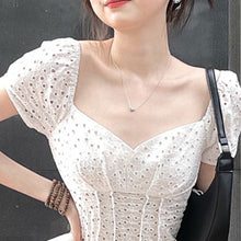 Load image into Gallery viewer, Women White Patchwork Ruffles Lace Hollow Out Dress New Square Neck Short Puff Sleeve Slim Fit Fashion Tide Summer 2021 Vestidos