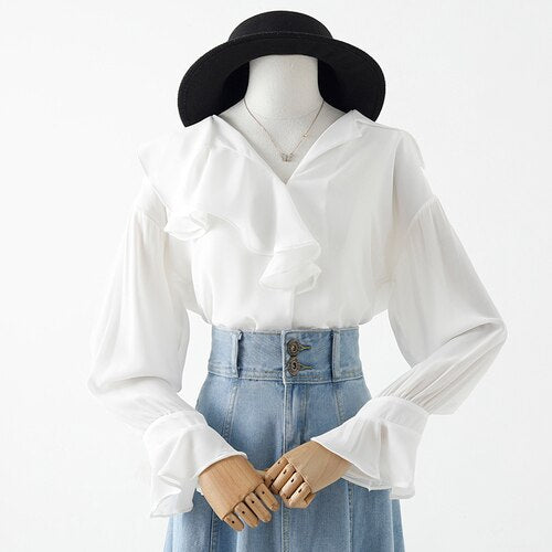 Women White Shirts Summer New 2021 Ruffles Neck Flare Sleeved Loose Chiffon Office Lady Elegant Blouse Outwear Tops