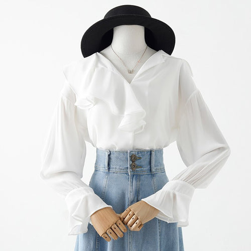 Women White Shirts Summer New 2021 Ruffles Neck Flare Sleeved Loose Chiffon Office Lady Elegant Blouse Outwear Tops