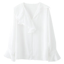 Load image into Gallery viewer, Women White Shirts Summer New 2021 Ruffles Neck Flare Sleeved Loose Chiffon Office Lady Elegant Blouse Outwear Tops