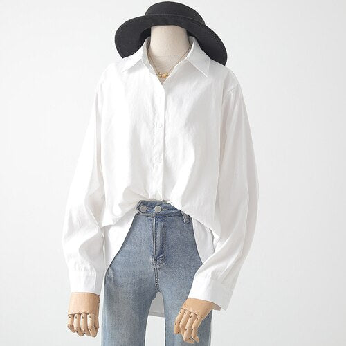 Women White Shirts Summer New 2021 Turn-Down Collar Loose Casual All Match Office Lady Work Outwear Tops