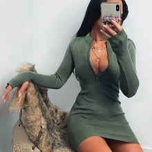 Load image into Gallery viewer, Women Winter Fall Bodycon Ribbed Dress 2020 New Stand Collar Zipper Deep V-neck Solid Stretch Bodycon Pencil Party Mini Vestido