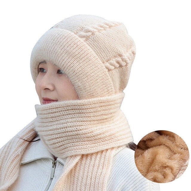 Women Winter Knitted Windproof Cap Scarf Knitting Thickening Hat Female Wool Hat Plus Velvet Ski Mask Hat Ear Protection Cap New