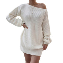 Load image into Gallery viewer, Women Winter Sweater Dresses Sexy Off-Shoulder Deep O-Neck Long Sleeve Pullover Dress Loose Soft White Knit Dress robe vestidos