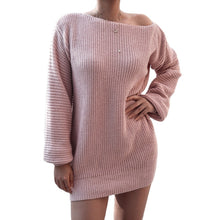 Load image into Gallery viewer, Women Winter Sweater Dresses Sexy Off-Shoulder Deep O-Neck Long Sleeve Pullover Dress Loose Soft White Knit Dress robe vestidos