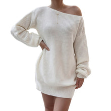 Load image into Gallery viewer, Women Winter Sweater Dresses Sexy Off-Shoulder Deep O-Neck Long Sleeve Pullover Dress Loose Soft White Knit Dress robe vestidos