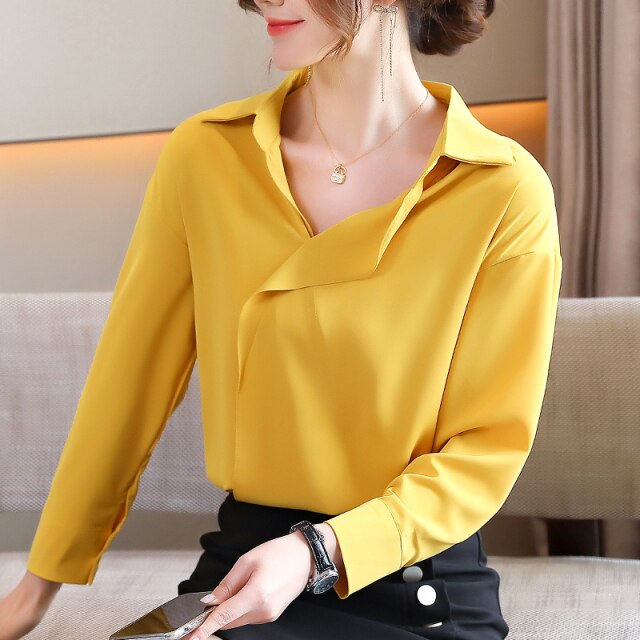 Women Yellow Chiffon Shirt New 2021 Spring Autumn Long Sleeve Blouse Shirt Elegant Loose Vintage Tops Office Lady