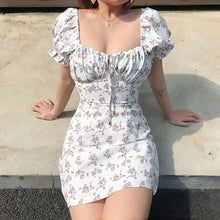 Load image into Gallery viewer, Women dress Summer French Retro Boho Tie Neck Mini Sexy White Women Dress Elegant Puff SleeveCasual Party Beach Light Dresses