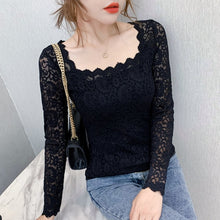 Load image into Gallery viewer, Women lace tops New 2020 Summer short sleeve lace shirt Square collar women tshirt Solid color summer tops blusas