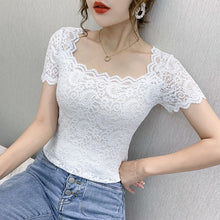 Load image into Gallery viewer, Women lace tops New 2020 Summer short sleeve lace shirt Square collar women tshirt Solid color summer tops blusas