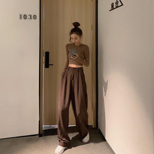 Women pants 2021 Retro Solid Color Wild Straight Wide Leg Pants Female Spring New Korean Fashion High Waist Casual Long Pants