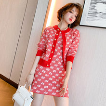 Load image into Gallery viewer, Women&#39;s Autumn Flower Single-Breasted Knitted Cardigan + Short-Sleeved Dress Two-Piece Suits Red