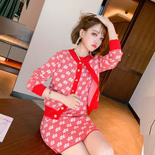 Load image into Gallery viewer, Women&#39;s Autumn Flower Single-Breasted Knitted Cardigan + Short-Sleeved Dress Two-Piece Suits Red