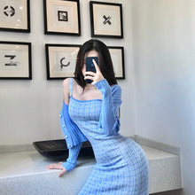 Load image into Gallery viewer, Women&#39;s Autumn New Short Coat + Sexy Retro Plaid Sling Bag Hip Dress Knitted Two-Piece Sets Female