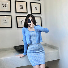 Load image into Gallery viewer, Women&#39;s Autumn New Short Coat + Sexy Retro Plaid Sling Bag Hip Dress Knitted Two-Piece Sets Female