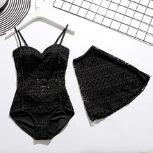 Load image into Gallery viewer, Women&#39;s Beach Bathing Suit Sexy Knitted Swim Skirt Black Hollow Out Swimsuit Push Up Swimwear Lace Bikinis Female Swim Biquini