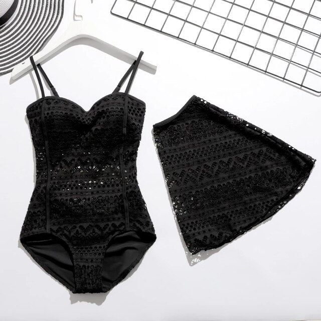 Women's Beach Bathing Suit Sexy Knitted Swim Skirt Black Hollow Out Swimsuit Push Up Swimwear Lace Bikinis Female Swim Biquini