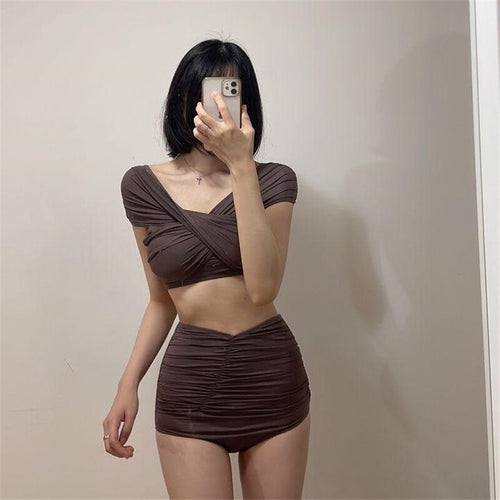 Women's Bikini Set High Waist Padded Biquini Off Shoulder Tummy Control Brazilian Bikinis Beach Suit 2022 Koren Bathing Suits