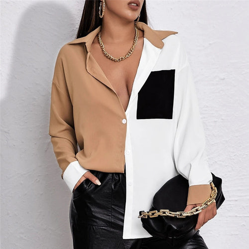 Women's Blouse Contrasting Color Stitching Blouse Long-sleeved Shirt Women Autumn Spring New Fashion Temperament Commute Tops