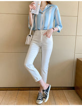 Load image into Gallery viewer, Women&#39;s Blouses Chiffon Casual Polo Shirt Korean Loose Plus Size Fashion Stripe Summer Lady Shirts Short Sleeve Top Houthion