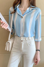 Load image into Gallery viewer, Women&#39;s Blouses Chiffon Casual Polo Shirt Korean Loose Plus Size Fashion Stripe Summer Lady Shirts Short Sleeve Top Houthion