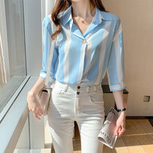 Load image into Gallery viewer, Women&#39;s Blouses Chiffon Casual Polo Shirt Korean Loose Plus Size Fashion Stripe Summer Lady Shirts Short Sleeve Top Houthion