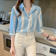Load image into Gallery viewer, Women&#39;s Blouses Chiffon Casual Polo Shirt Korean Loose Plus Size Fashion Stripe Summer Lady Shirts Short Sleeve Top Houthion
