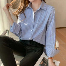 Load image into Gallery viewer, Women&#39;s Blouses Cotton Blend Long Sleeve Tops Fashion Casual Polo Shirts Stripe Loose Commute Office Lady Blusas