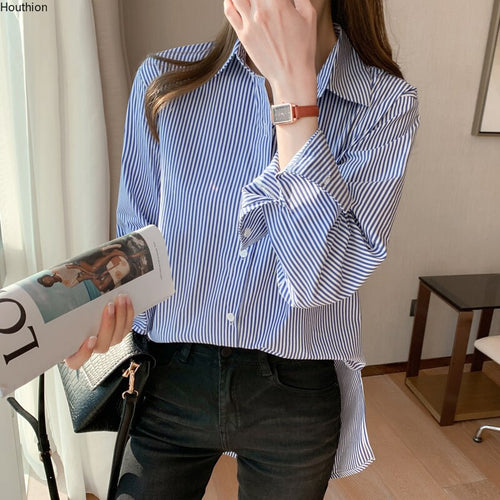 Women's Blouses Cotton Blend Long Sleeve Tops Fashion Casual Polo Shirts Stripe Loose Commute Office Lady Blusas