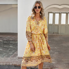 Load image into Gallery viewer, Women&#39;s Bohemian Resort Style Printed Dress With 7-Point Sleeves Fashion Lace-Up V Neck Mid-Length Pullover Dresses Robe Femme