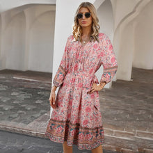 Load image into Gallery viewer, Women&#39;s Bohemian Resort Style Printed Dress With 7-Point Sleeves Fashion Lace-Up V Neck Mid-Length Pullover Dresses Robe Femme