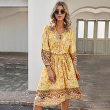 Load image into Gallery viewer, Women&#39;s Bohemian Resort Style Printed Dress With 7-Point Sleeves Fashion Lace-Up V Neck Mid-Length Pullover Dresses Robe Femme