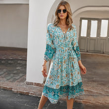 Load image into Gallery viewer, Women&#39;s Bohemian Resort Style Printed Dress With 7-Point Sleeves Fashion Lace-Up V Neck Mid-Length Pullover Dresses Robe Femme