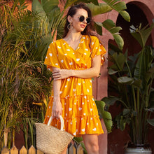 Load image into Gallery viewer, Women&#39;s Boho Floral Print Short Sleeve V Neck  Ruffle Splicing  Mini Dress with Drawstring