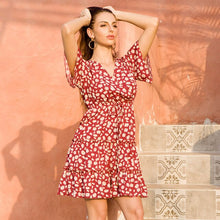 Load image into Gallery viewer, Women&#39;s Boho Floral Print Short Sleeve V Neck  Ruffle Splicing  Mini Dress with Drawstring