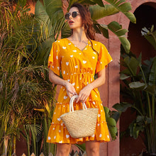 Load image into Gallery viewer, Women&#39;s Boho Floral Print Short Sleeve V Neck  Ruffle Splicing  Mini Dress with Drawstring