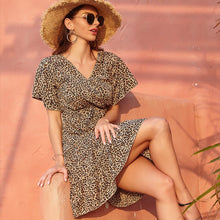 Load image into Gallery viewer, Women&#39;s Boho Floral Print Short Sleeve V Neck  Ruffle Splicing  Mini Dress with Drawstring