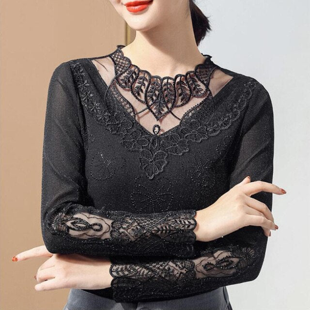 Women's Bottoming Shirt New 2021 Spring Autumn Long Sleeve Mesh Tops And Shirt Hot Drilling Embroidered Plus Size Women T-Shirt