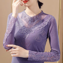 Load image into Gallery viewer, Women&#39;s Bottoming Shirt New 2021 Spring Autumn Long Sleeve Mesh Tops And Shirt Hot Drilling Embroidered Plus Size Women T-Shirt