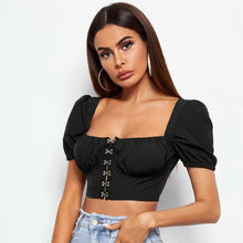 Load image into Gallery viewer, Women&#39;s Bottoming Tube Top Bubble Sleeve Square Collar Hook Design Navel Short T-shirt Top